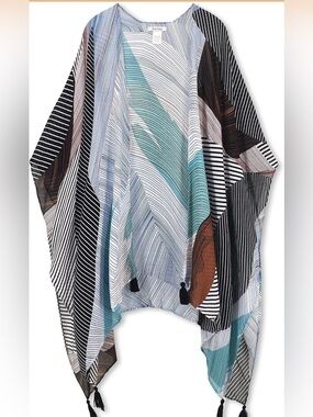 Striped Abstract Print Lightweight Kimono Cover-Up in Teal, Black, Brown